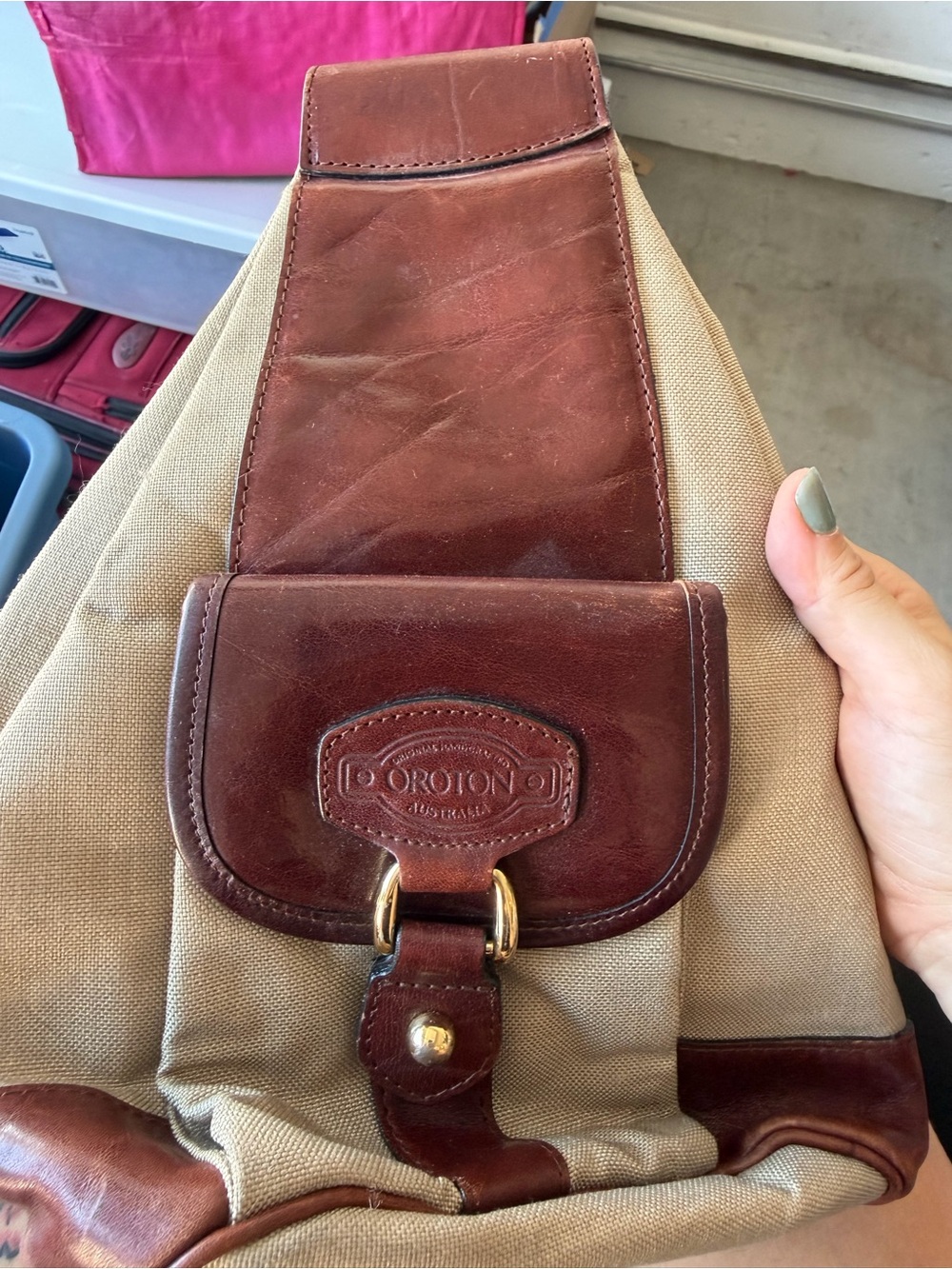 Oroton Canvas & Brown Leather Sling Bag